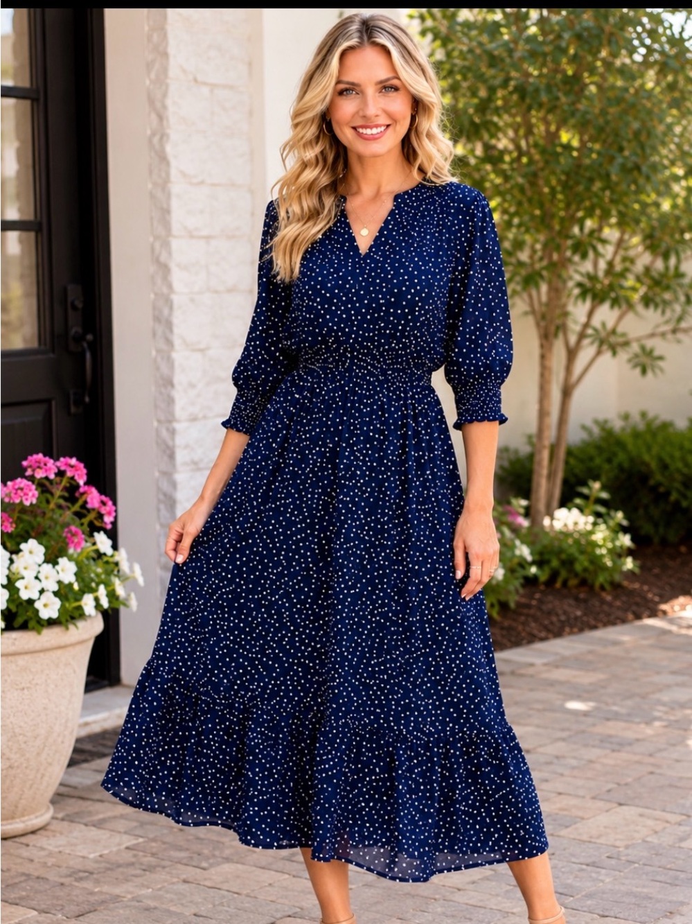 Navy Polka Dot Midi Dress - Classic Women's Day Dress